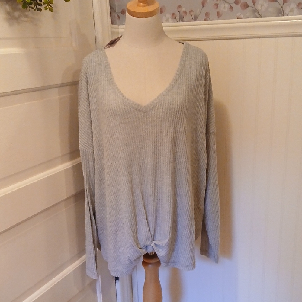 Light Gray V-Neck Sweater with Knot Detail
